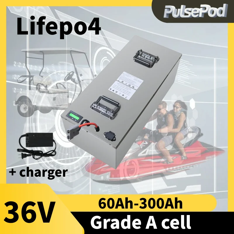 

PulsePod 36V 60AH 80AH 100AH 120AH 150Ah 200AH 300ah LifePo4 Аккумулятор, тележка для гольфа, электромобиль + зарядное устройство, автофургон, солнечная панель и т. д.