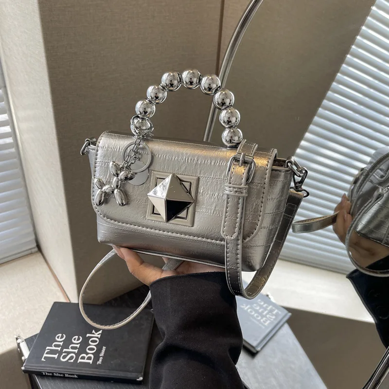 

2026 New Fashionable Bead Lock Handbag Silver, White, Black, Three color High end Versatile Shoulder Bag Crossbody Bag