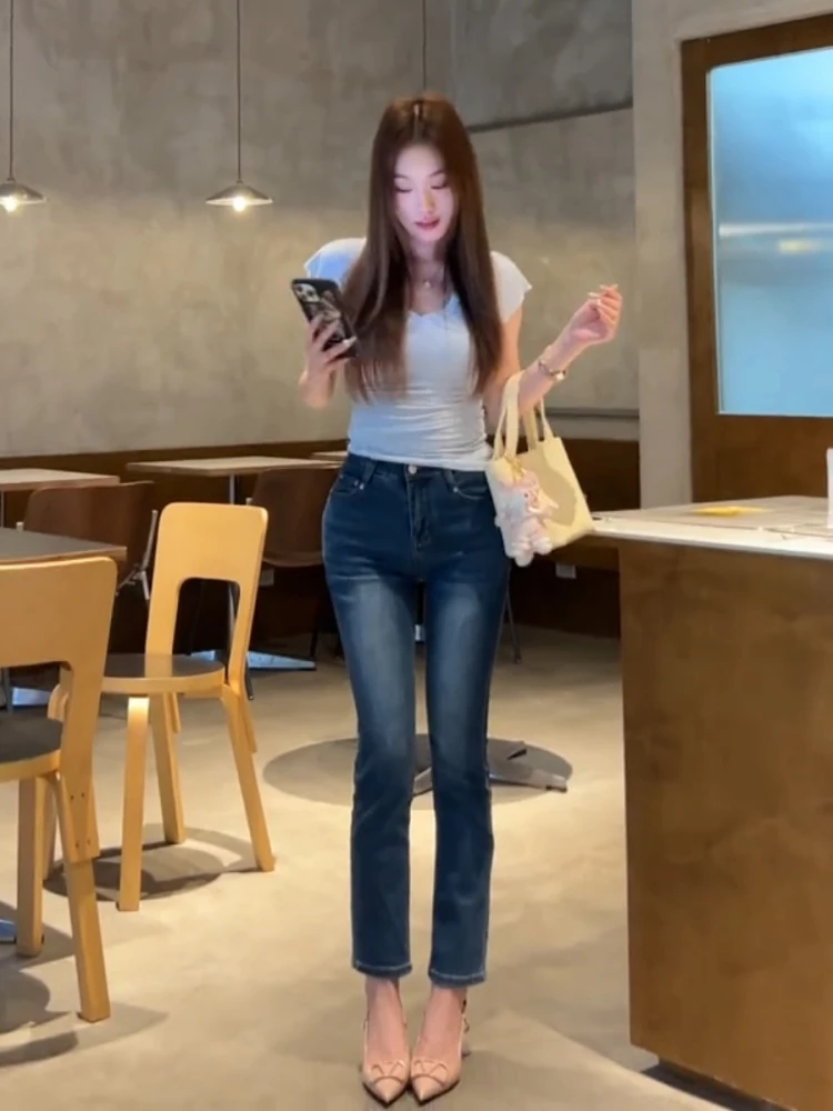 

Женские джинсы слим-фит прямого кроя с высокой талией, укороченные, с эластичным поясом, подчеркивающие бедра, повседневные, синие