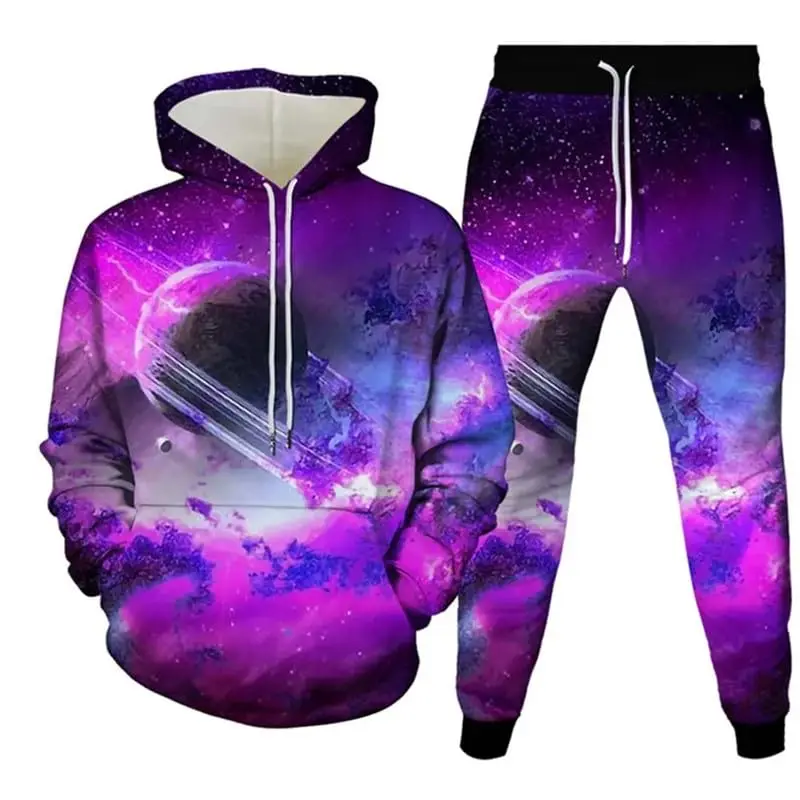 Men's Tracksuit Set Star Universe Galaxy Planets 3D Print Casual Hoodie Pants 2pcs Sets Oversize Pullover Men 2PCS Jogging Suits