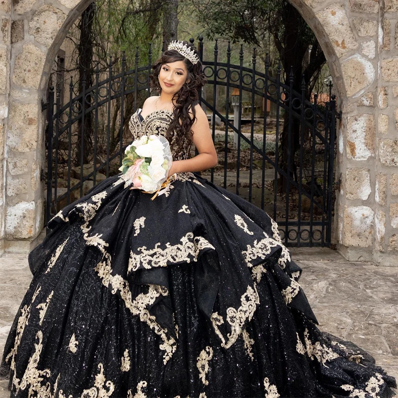 ANGELSBRIDEP Black And Gold Appliqued Quinceanera Dresses Vestidos De 15 Anos Applique Crystal Princess Birthday Gown Customized