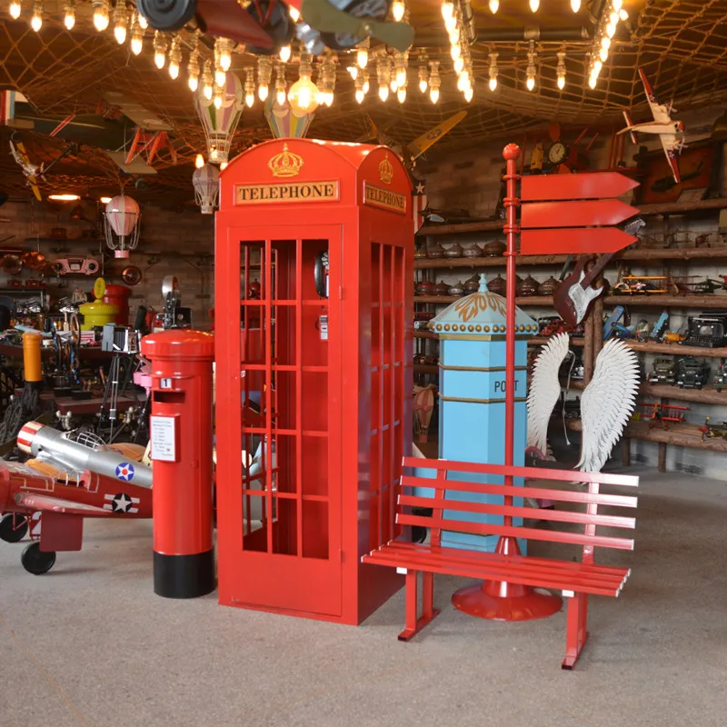 

Iron crafts phone booth set floor ornament bar decoration outdoor clock in photo large props