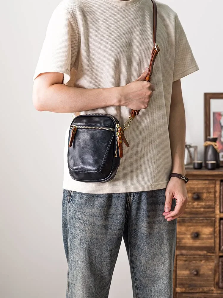 Vintage leather shoulder messenger mobile phone bag contrasting color vegetable tanned cowhide casual bag
