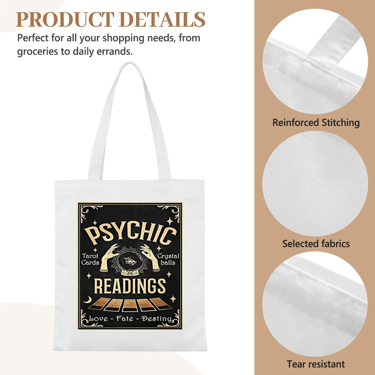 

Psychic Readings Canvas Tote Bag Tarot Crystal Ball Design Shopping Grocery Reusable Bag