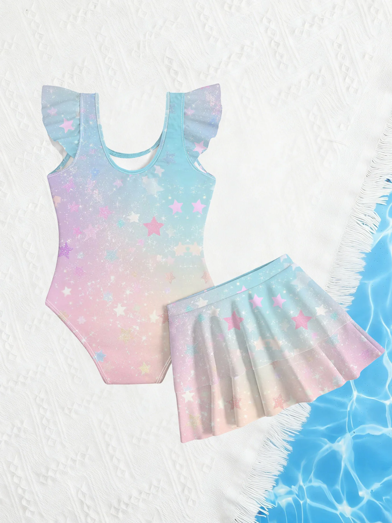 Kids Girls 2 Piece Gradient Star Print One Piece Swimsuit with Ruffle Skirt Cover Up Summer Beach Swimwear