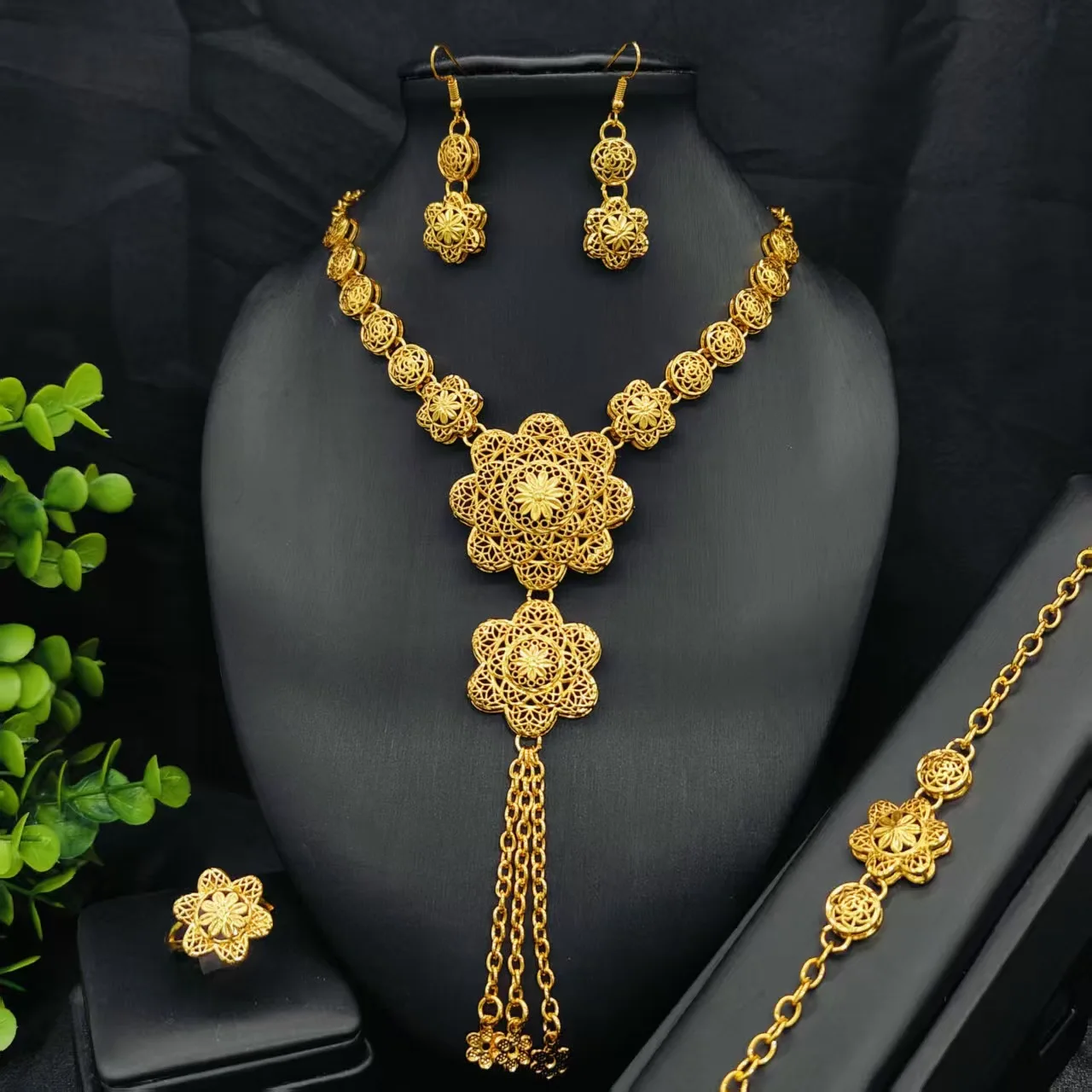 

Luxury Set Flower Tassel Necklace Earrings Ring Bracelet For Women 24K Gold AU999 | Matching set, luxurious and grand