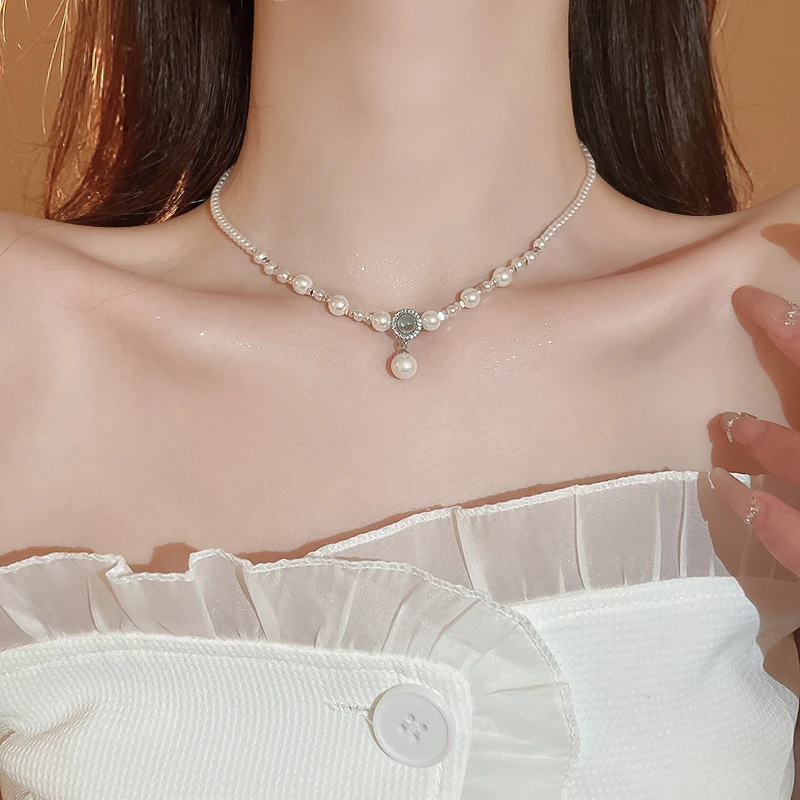 

French Pearl Zircon Necklace Women 2024 Clavicle Necklaces Clavicle Bridal Wedding Dress Evening Dress Pendant Jewelry Gift