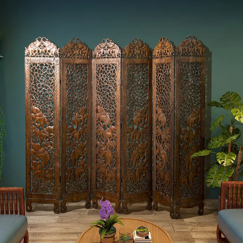 Thai Solid Wood Double-sided Carved Elephant Folding Screen with Southeast Asian Style Entrance Folding Screen Partition