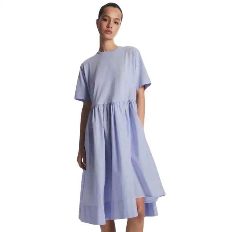 Cos Sle été nouveau banlieue femmes Crewne t-shirt Midi coton lin mélange doux a-ligne Dr taille moyenne longueur