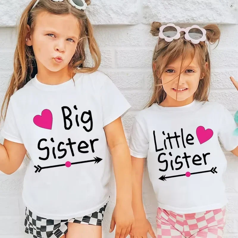 Summer Sibling-Themed Girl's T-Shirt 'Big Sister Little Sister' Print Graphic Shirt Cartoon Sibling Tops for Kids