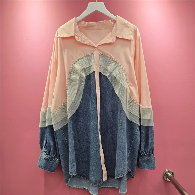 WTHT 신상 여성 헤비 인더스트리 다이아몬드 장식 데님 루즈 셔츠 2025 가을 라펠 긴팔 블라우스 여성용 1LS2632