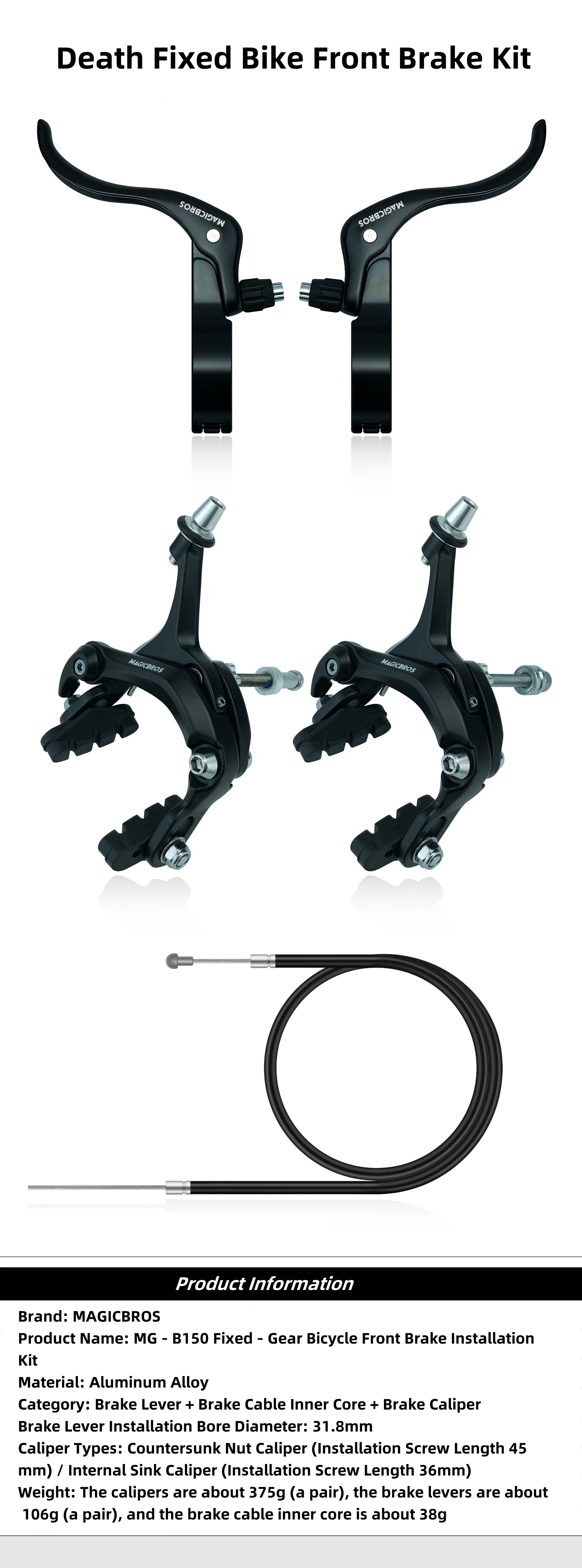 MAGICBROS Fixie-Fahrrad Vorderes C-Bremsen-Set mit Bremshebeln & Kabel für Rennräder 22,2/31,8MM Bremshebel Bremszangen-Set – Detail 1