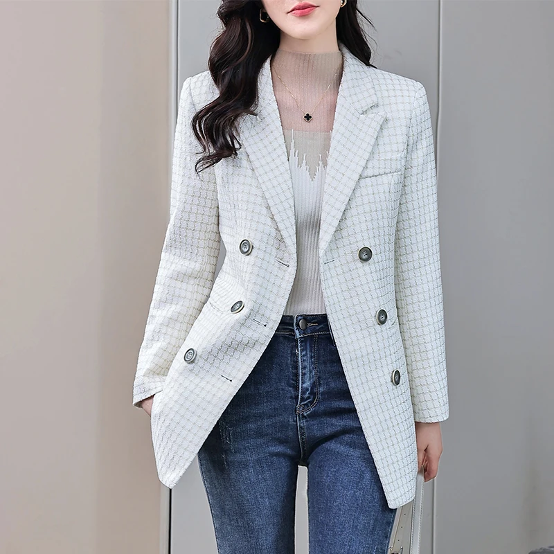 

Elegant Plaid Suit Jacket Women's Spring and Autumn New Korean-style Commuter Socialite Blazer Double-breasted Slim-fit Suit Top