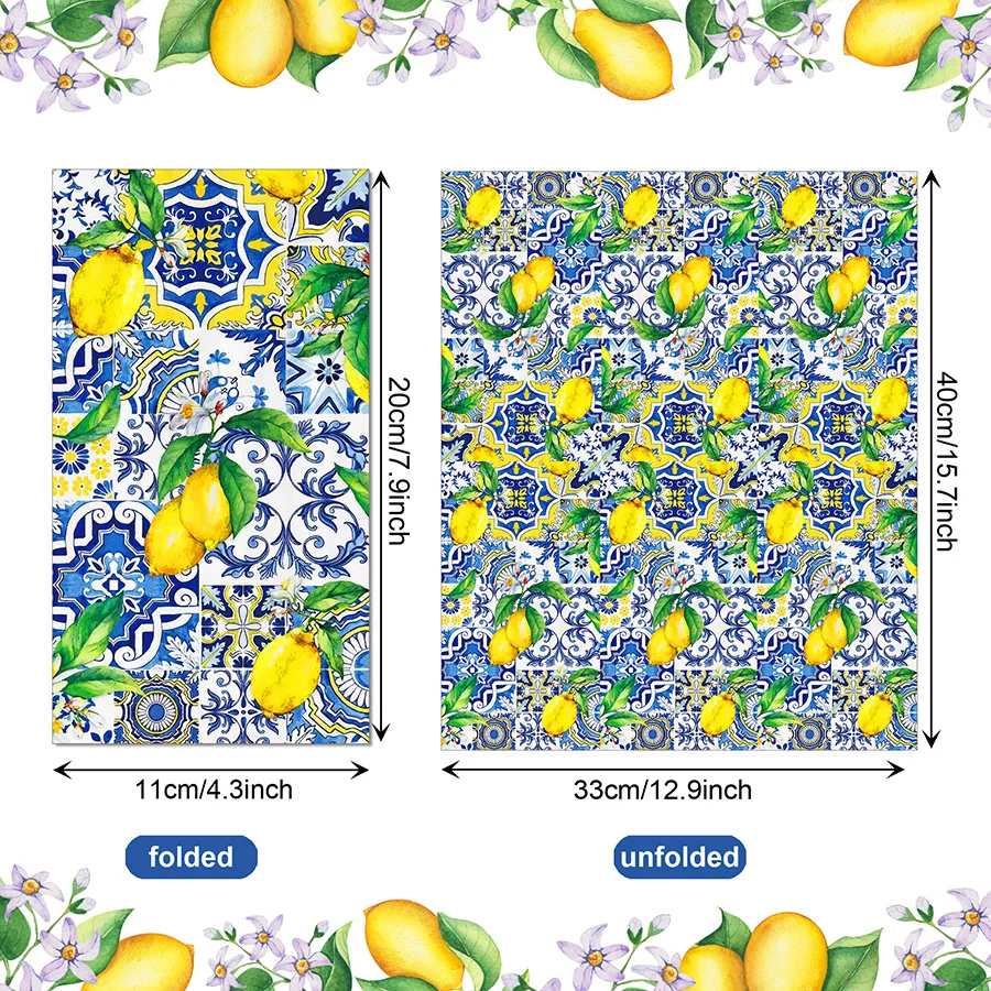 20Pcs Vintage Mediterranean Lemon Blue Tile Disposable Paper Napkins Floral Print Guest Napkin Summer Holiday Table Decor