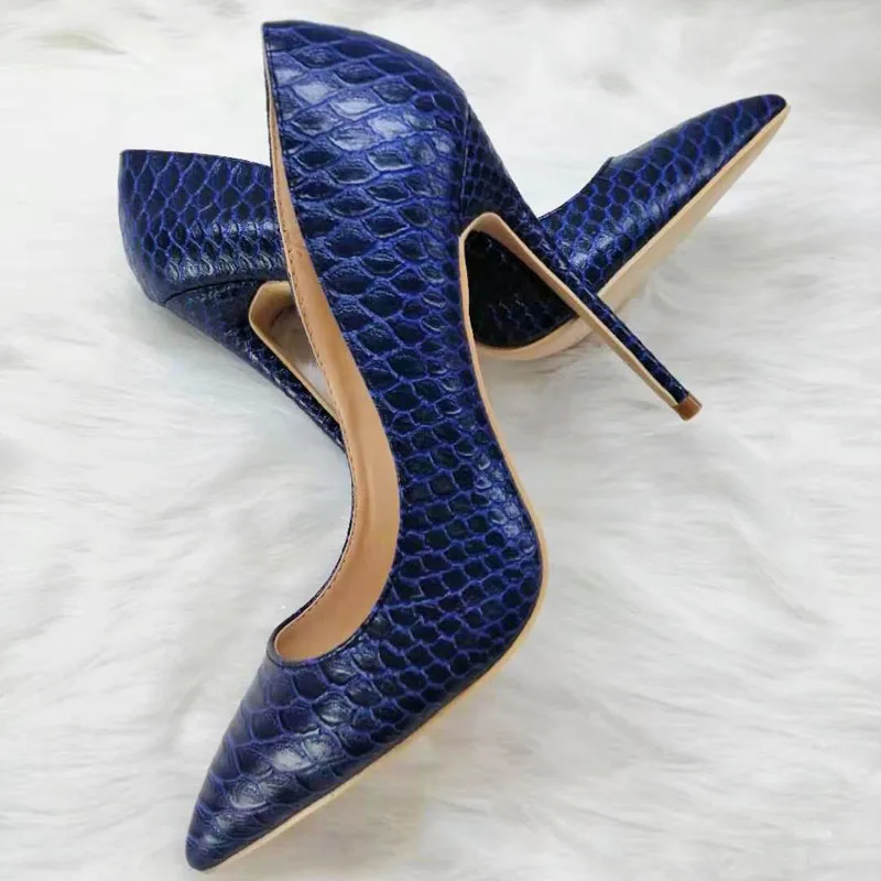 Blue White Scale snake Grain leather Pumps Wedding Shoes Pointed Toe 8/10/12cm High Heels Shallow Slip on Woman Banquet Shoes