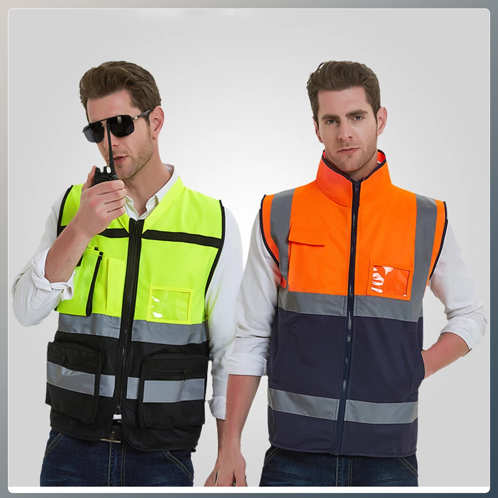 Motorcycle Safety Vest High Visibility Night Warning High-neck Security Waistcoat Man Working Clothes Hi Vis Reflective Vest