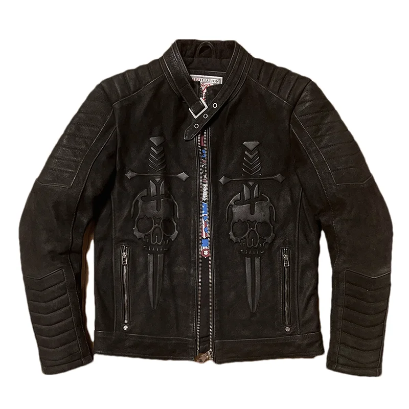 Black Winter Leather Jacket Men Vintage Style Plus Size 5XL Genuine Natural Cowhide Stand Collar Skulls Pattern Sports Coat