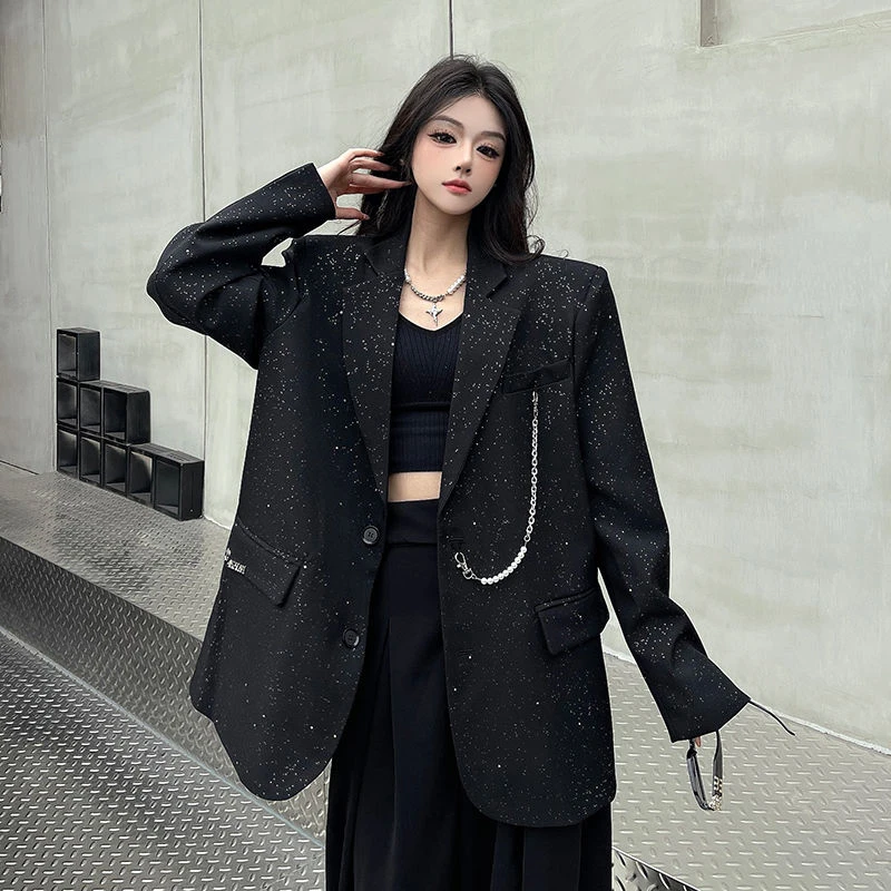 블랙 스팽글 패션 블레이저 여성 우아한 느슨한 체인 패치 워크 세련된 정장 재킷 간단한 Office 레이디 특대 어깨 패드 코트
