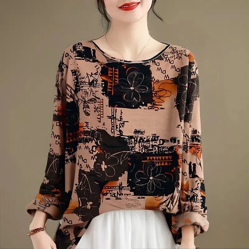 Casual Style Women Summer Cotton Linen Print Long Sleeve T Shirt Loose Hide Belly Top For Middle Aged