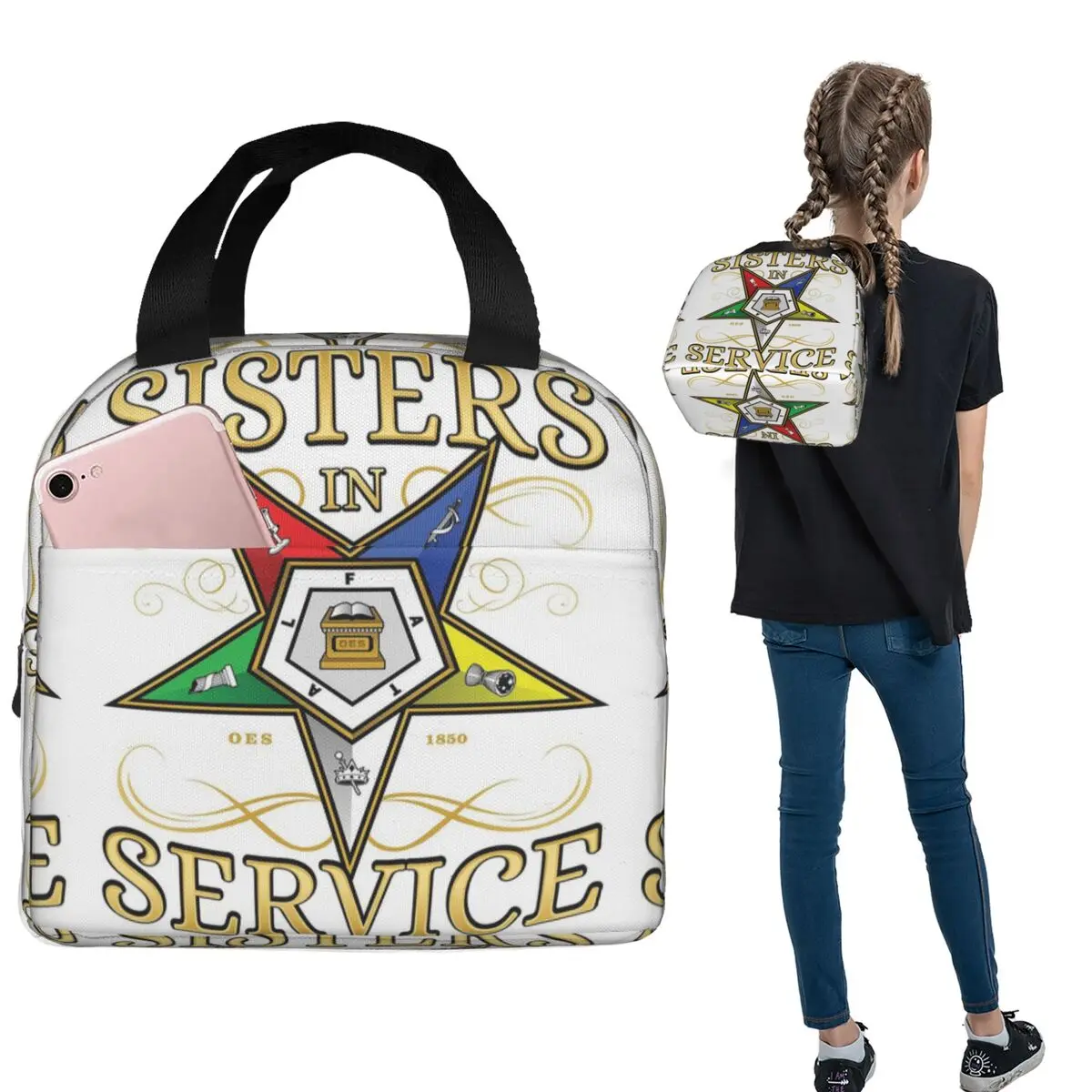 OES Emblem Order Of The Eastern Star Insulated Lunch Bag for Women Children Portable Food Boxes Thermal Lunch Box Tote