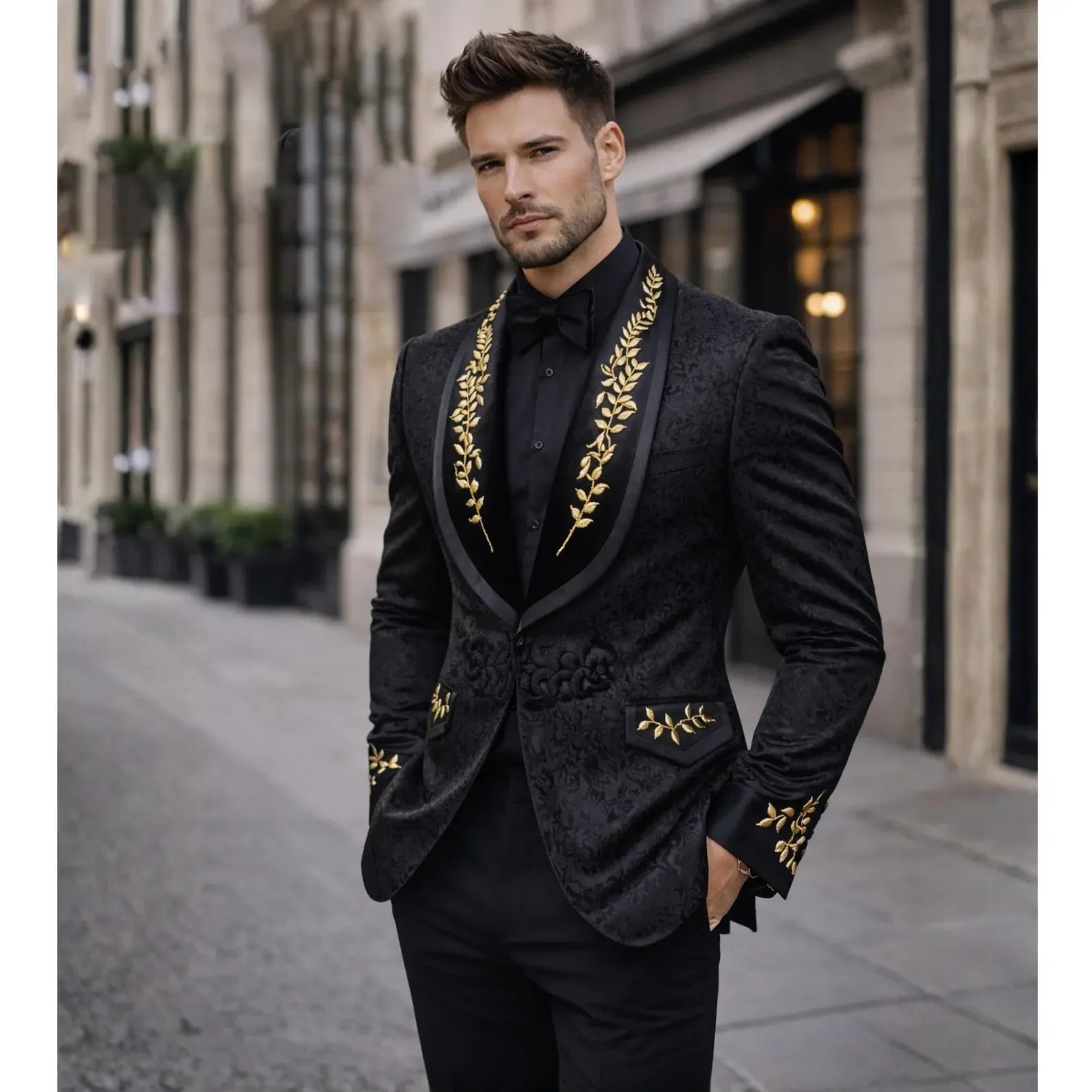 Luxury Men's Slim Fit Tuxedo 2 Piece Set Beaded Crystals One Button Wedding Groom Business Dinner Prom High Quality Suits