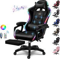 Gaming Chair with Speakers and RGB LED Light, 7 Points Massage Video Game Chair Adjustable with Headrest & Lumbar Support