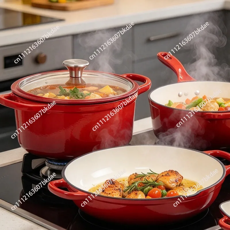 Enameled Cast Iron Cookware Set 7-Piece Oven Skillet Frying Pan Saucepan Multipurpose Kitchen Pot