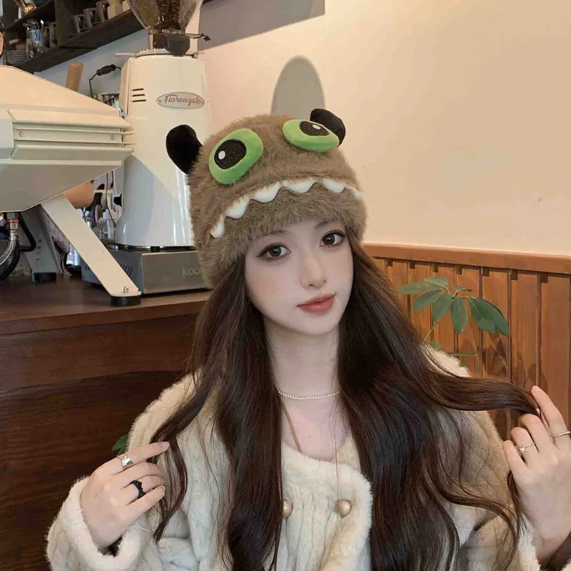 winter new cute little monster plush women's hat warm double-layer thickened pullover funny cold hat ear-protecting hat H1