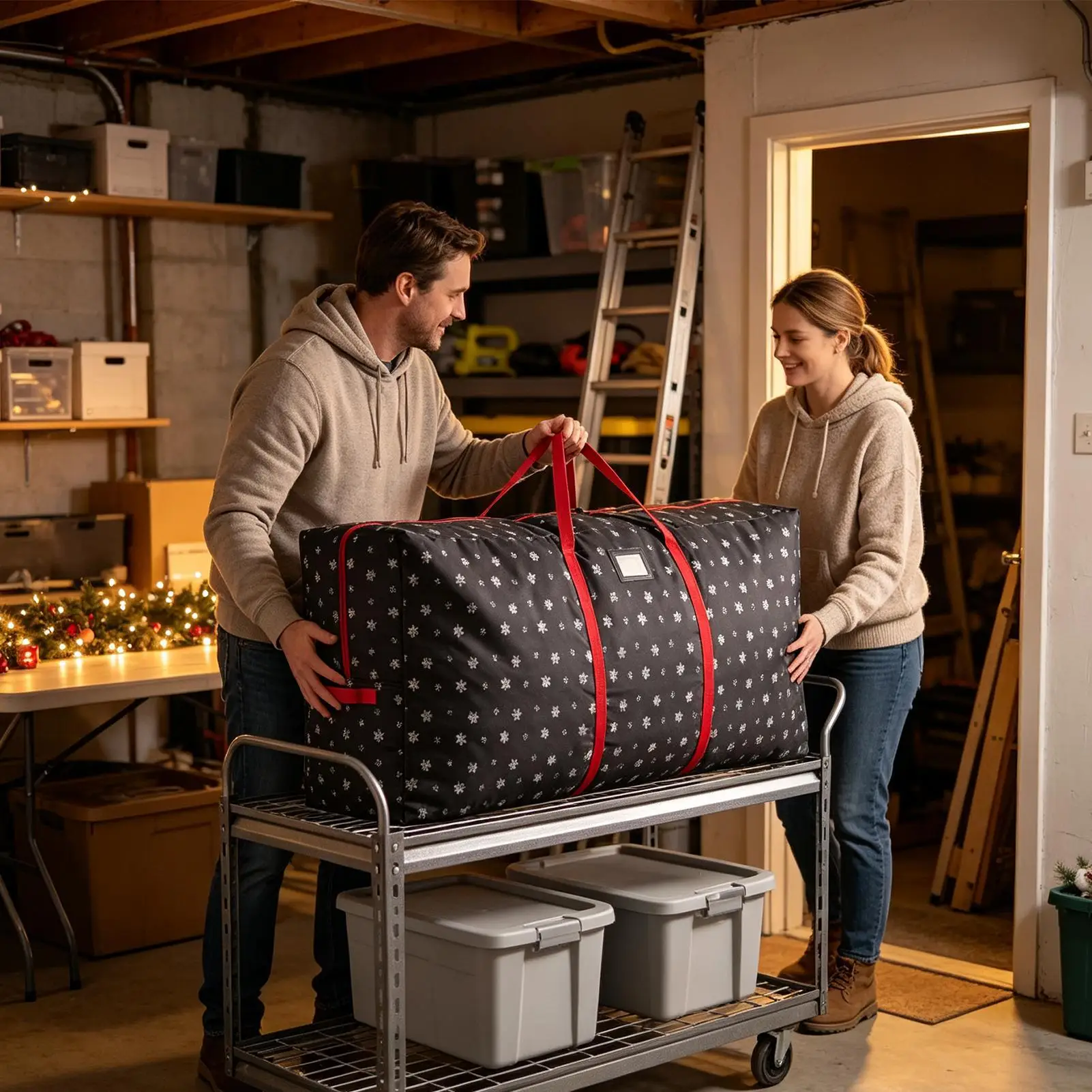 Christmas Tree Box Waterproof Reinforced Handles Snowflake Moving Tote Zipper Christmas Tree Storage Bin For Home Living Room