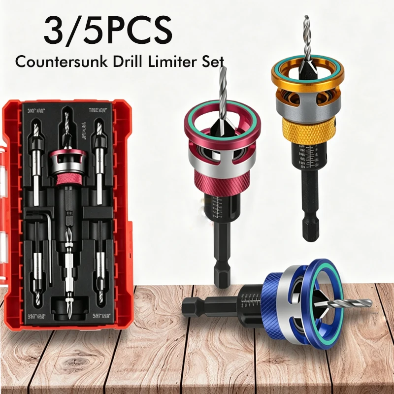 

3/5Pcs Set Countersunk Drill Limiter Set with Ball Bearing Adjustable Countersink Drill Woodworking Countersunk Taper Red/Gold