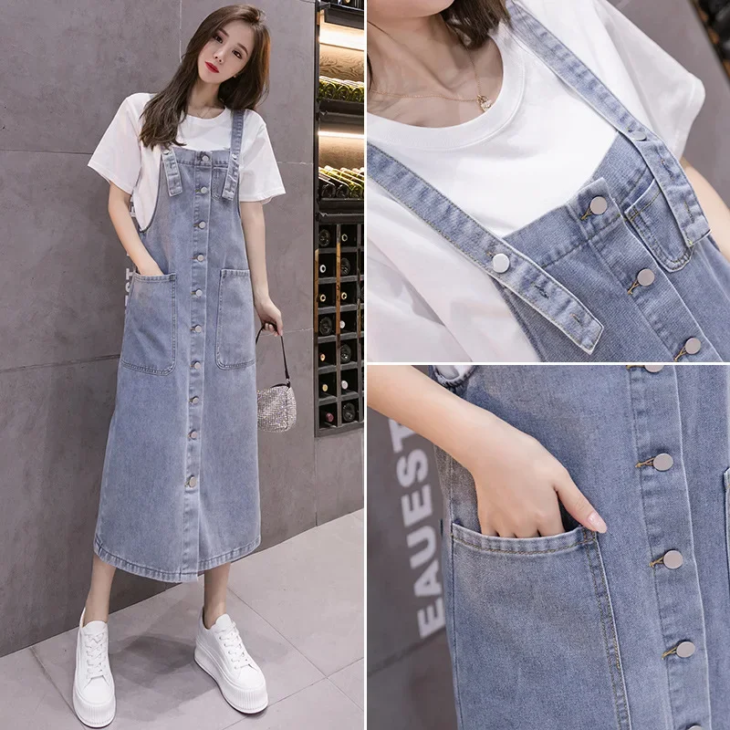 Button Design Long Denim Dress Women Adjustable Shoulder Strap Cowboy Sundress 2025 New Summer Practical Pocket Jean Casual Wear