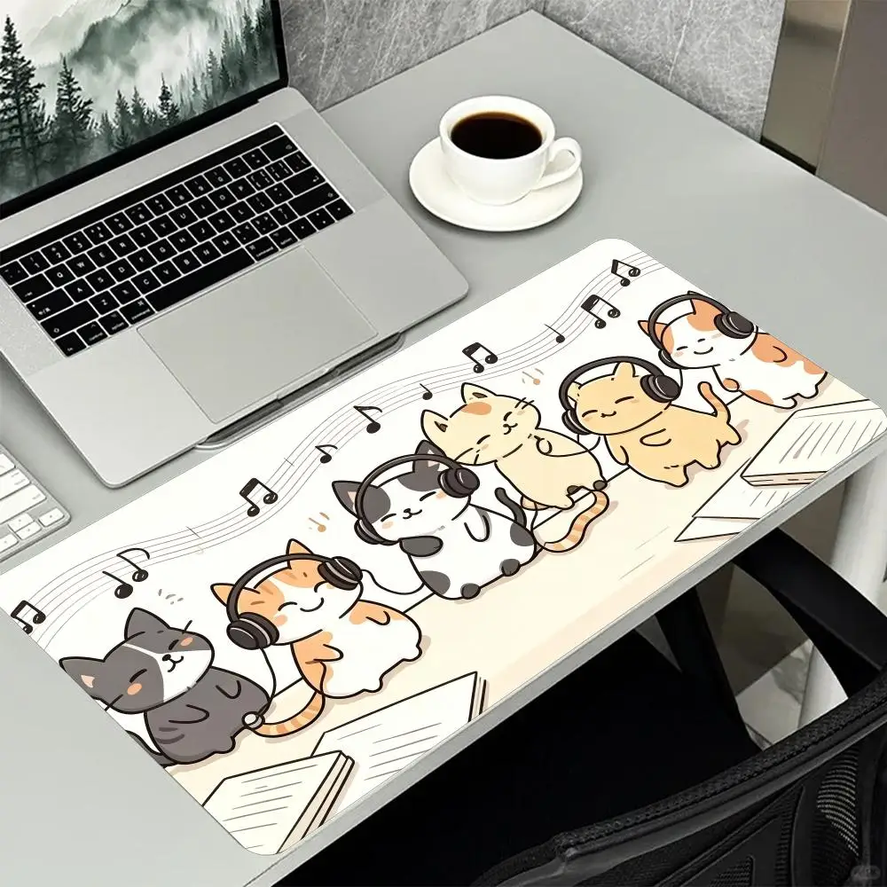 Cute Cartoon Cat Musical Note Mouse Pad Large Stitched Edge Non Slip Rubber Mat For Laptop Computer Gaming Desktop Use