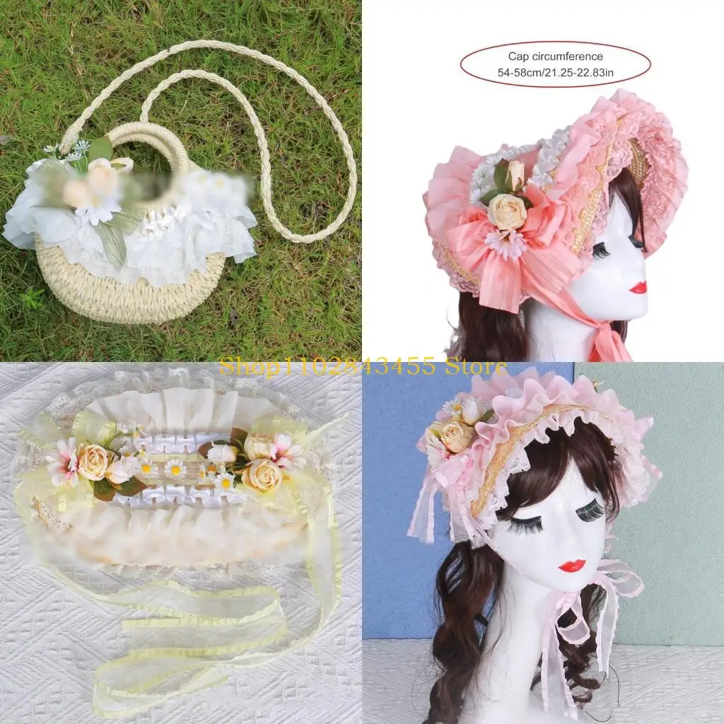 

49MC Victorian Lace Designs Straw Bonnet Hat For Women With Ruffled Trim and Rose Flower For Cocktail Party And Cosplay Event