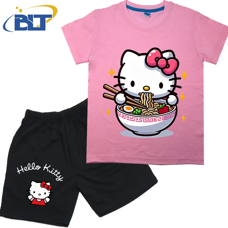 Hello Kitty eating noodles print kids T-shirt set pure cotton short-sleeved shorts 2-piece set for girls