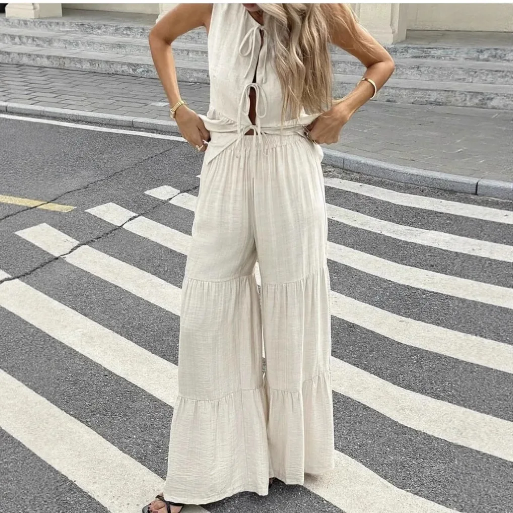Women's Tie-Back Vest Top Wide-Leg Pants White And Green Tie Front Sleeveless Top And Tiered Wide Leg Pants Two Piece Set TDS4