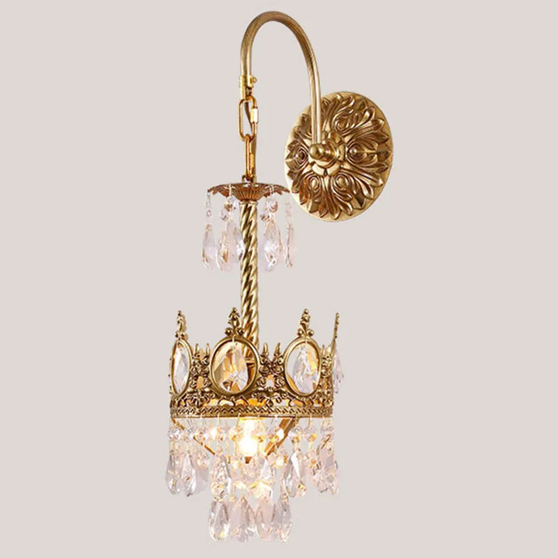 

French Light Luxury Crown Copper Wall Lamp Living Room Tv Background Bedroom Bedside Crystal Retro Lighting
