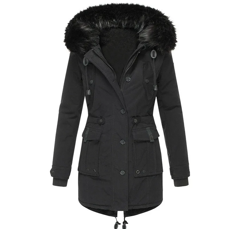 Winter Fur Collar Hooded Cotton Jacket Outwear Women Loose Solid Down Coat Puffer Jacket Thick Warm Fleece Lined Padded Parka