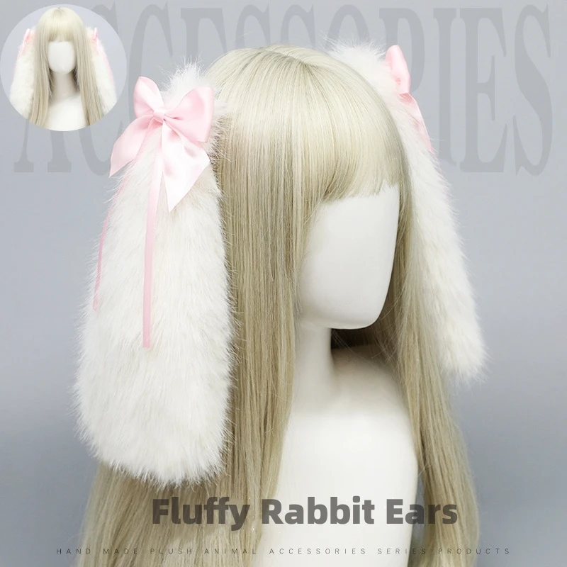 Lolita Cute Bow White Big Rabbit Ears Fluffy Earlobes Headband KC Daily Look Celebrity Headwear Halloween Accessories