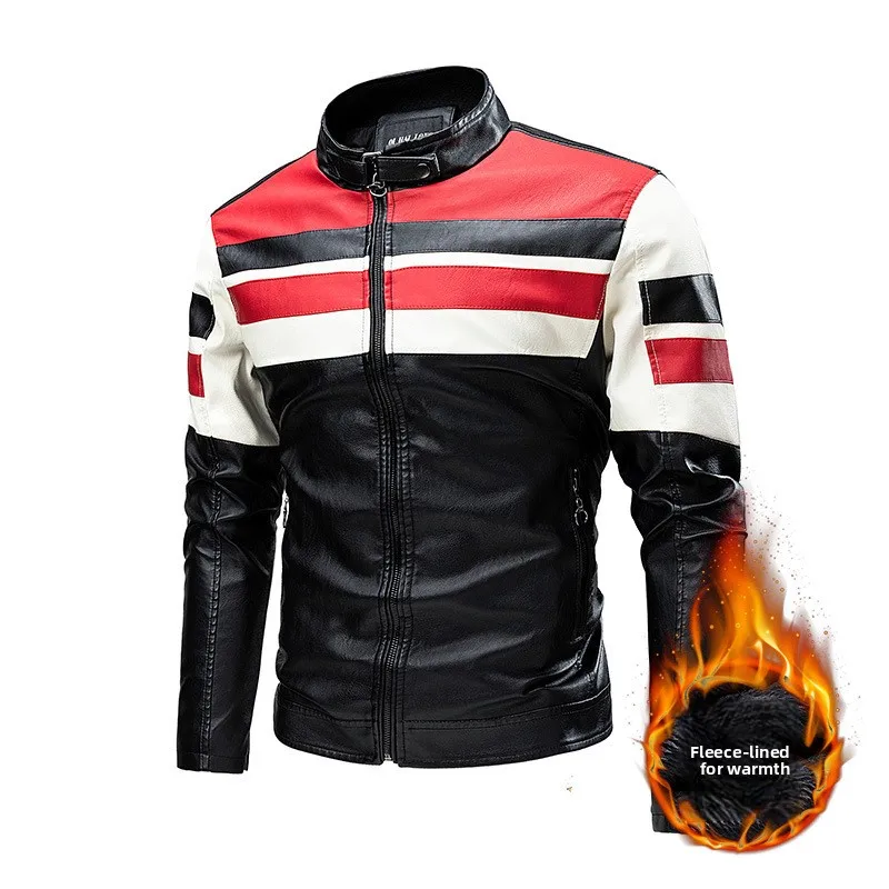 

M-5XL Plus Size Men's Motorcycle Leather Jacket Winter Warm Stand Collar PU Biker Coat Casual Streetwear Fleece Lined Outerwear