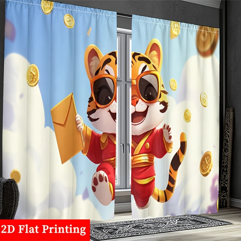 Cute Tiger in Red Outfit Curtain Festive Coin Cloud Print Drape Cartoon Animal Home Decor for Kids Room Bedroom Window Treatment