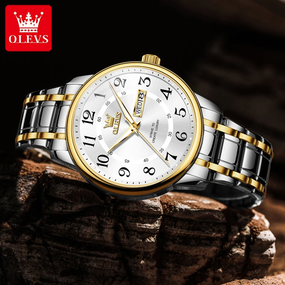 OLEVS นาฬิกาแฟชั่นลำลองสำหรับบุรุษสเกลตัวเลขอาหรับกันน้ำปฏิทินคู่นาฬิกาควอทซ์สำหรับผู้ชายนาฬิกาข้อมือแบรนด์เดิม