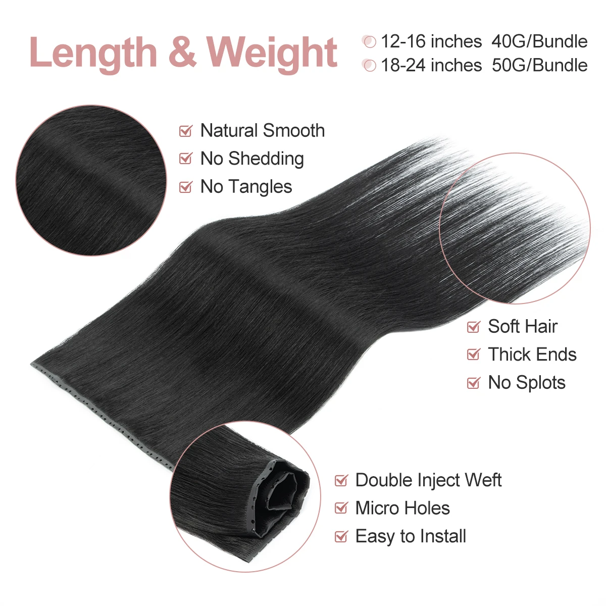 Twin Tabs Invisible PU Weft Hair with Hole Human Hair Injected Long Tape PU Flat Weft No Glue Microlink Hole Weft Extensions
