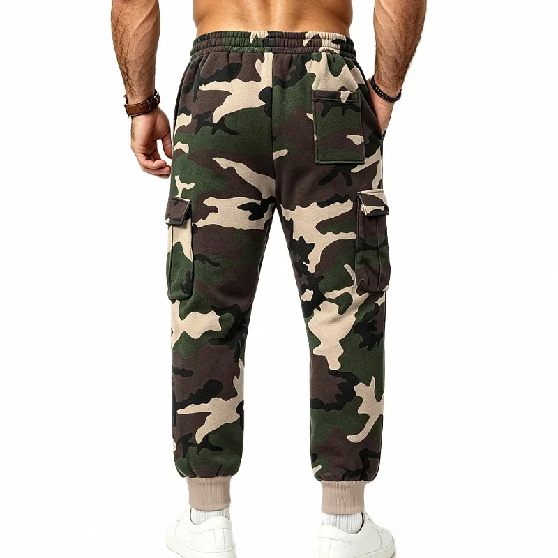 Herren Einteilige Herbst/Winter Fleece-Gefütterte Tarnfarben-Arbeitshose mit Kordelzug, Mehrfachtaschen Lässige Weite Sport-Hose – Detail 19