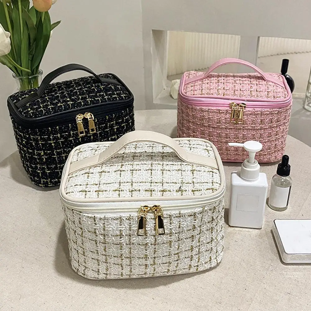 Women New Makeup Bag Korean Knitted Style Portable Plaid Small Fragrance Large Capacity Toiletry Storage Box Travel Fashionable