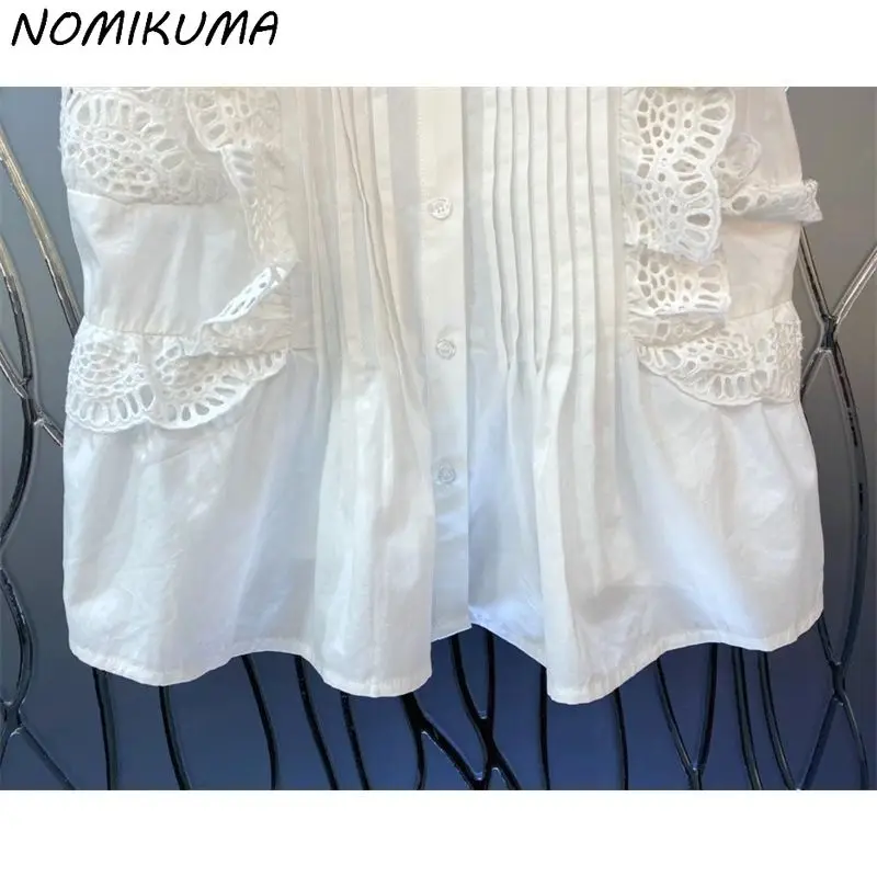 Nomikuma Womens Tops Korean Lace Ruffle Sleeveless Blouse Fashion Folds Single Breasted Stand Neck Blusas Shirt 2023 Summer New