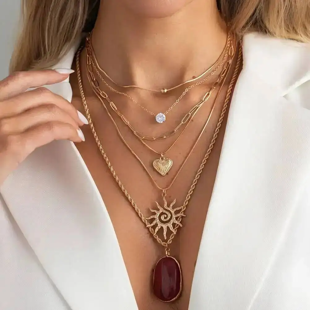 

Ingemark 6Pcs/Set Vintage Multi Layer Sun Heart Pendant Chokers Necklace for Women Acrylic Resin Geometric Dangle Clavicle Chain