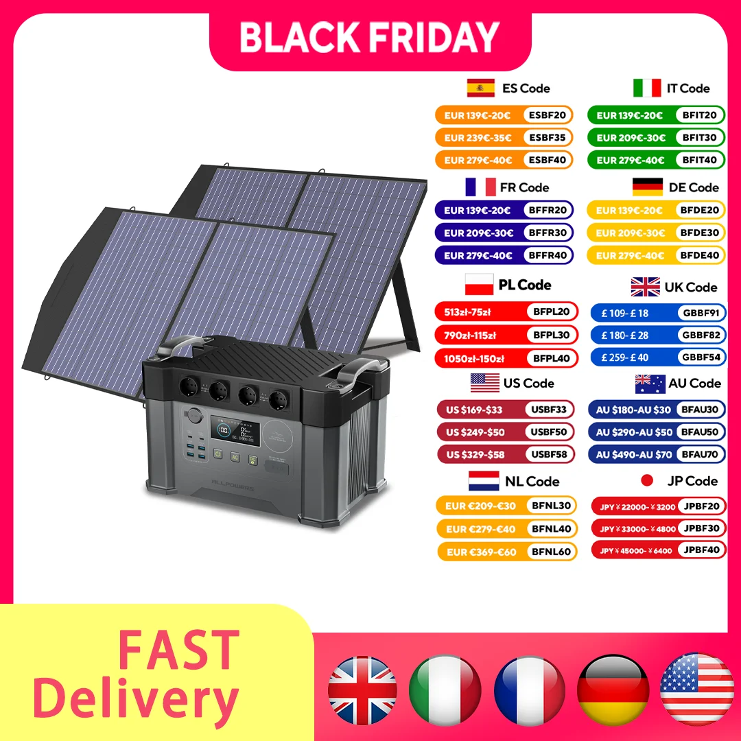 ALLPOWERS S2000 Pro مولد خارجي 2400 وات MPPT محطة طاقة محمولة مع ألواح شمسية قابلة للطي 4X100W للتخييم RV والمنزل