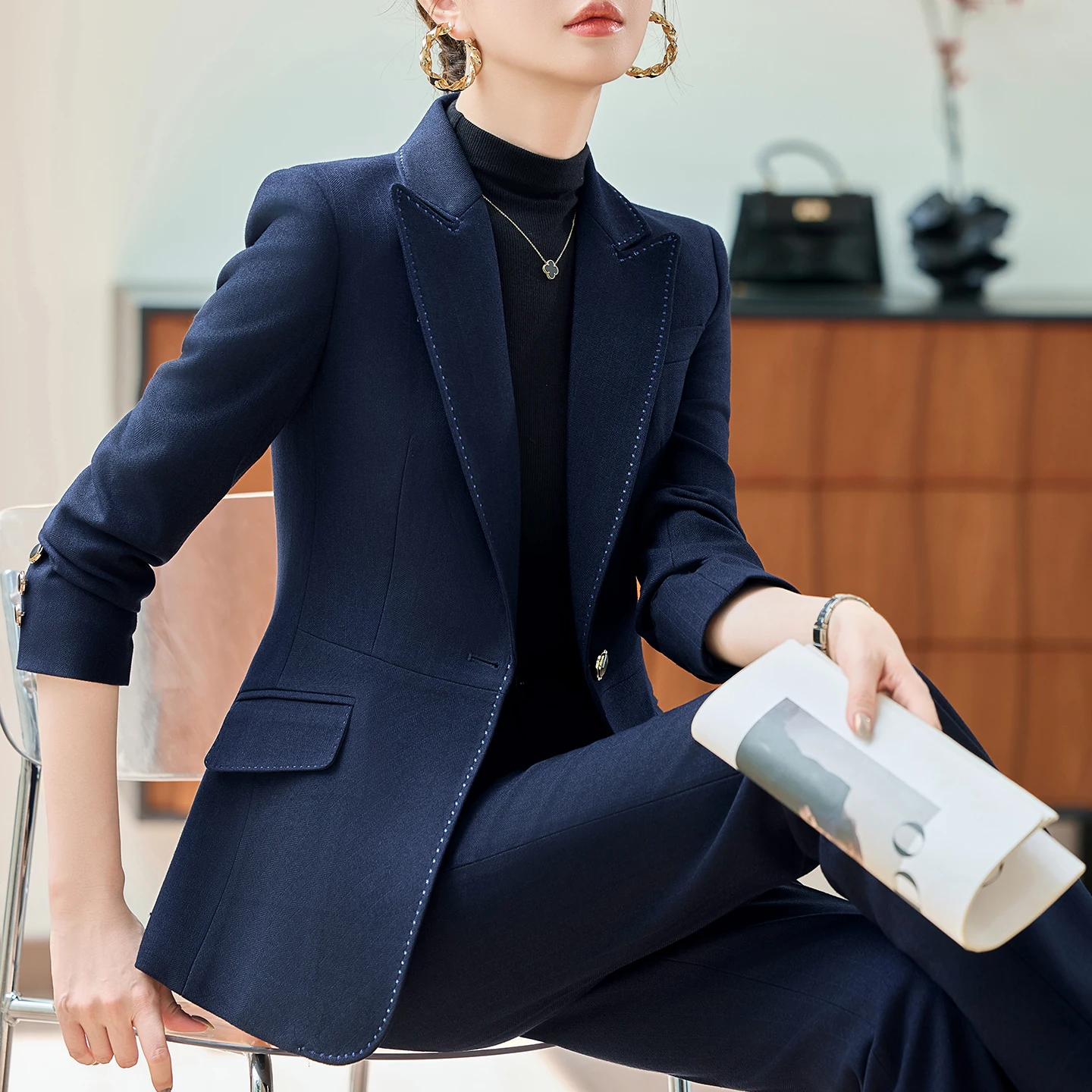 

New Elegant Women's Suit Set Autumn High End Fashion Business Interview Stripes Slim Blazer And Pants Office Ladies Work Wear