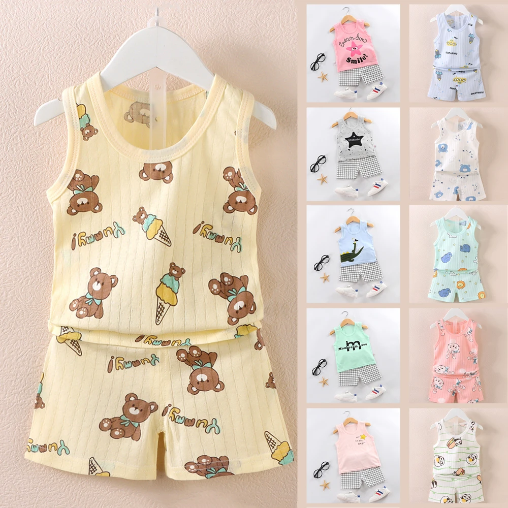 Summer Muslin Clothes For Children Kids Cartoon Print Vest Tank Tops Shorts Sets children\'s Clothing For Girls Boys Outfits