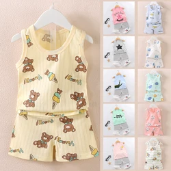 Summer Muslin Clothes For Children Kids Cartoon Print Vest Tank Tops Shorts Sets children's Clothing For Girls Boys Outfits